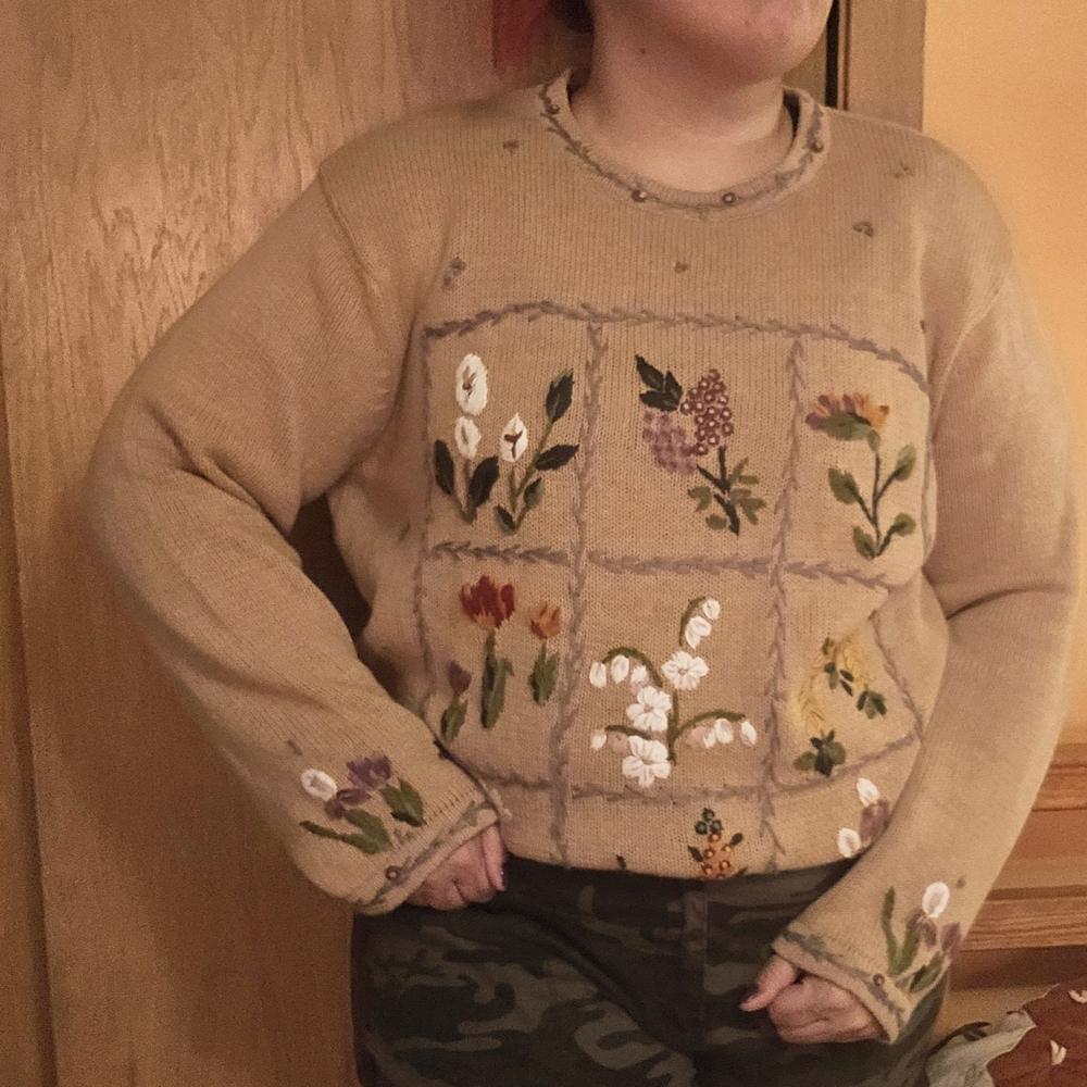 Embroidered Floral Beige Sweater